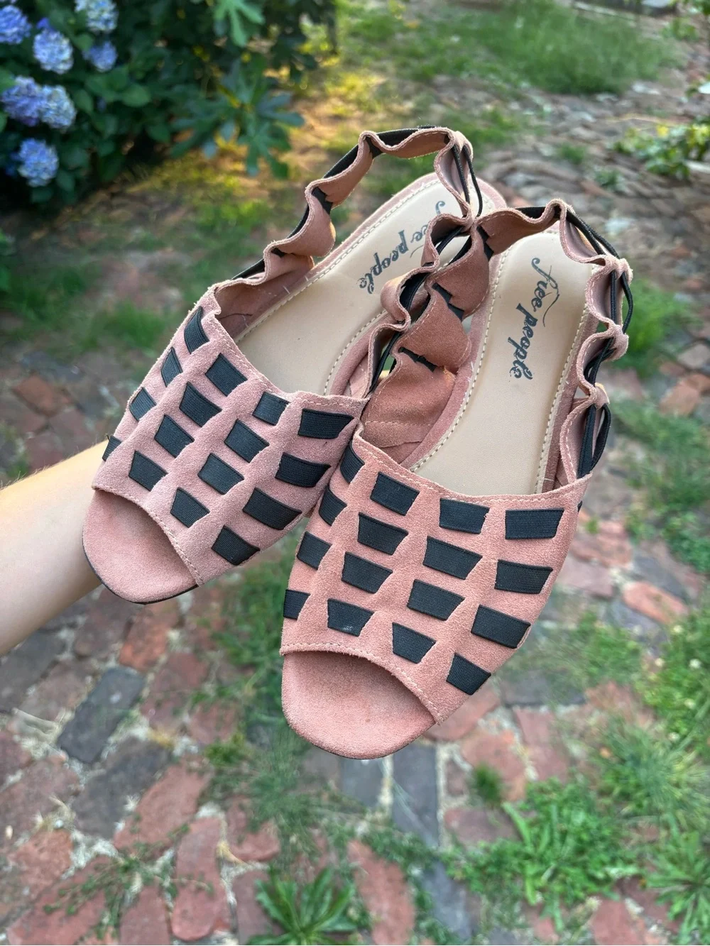 Free People Pink Suede Open-Weave Sandals with Black Straps